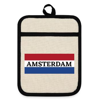 Amsterdam City in Dutch Flag - Pot holders with rubber back - linen/black  - Front