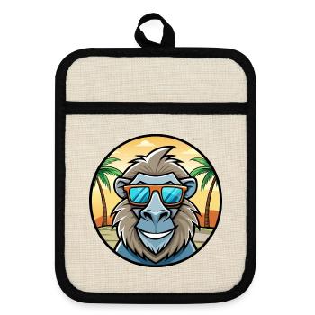 Pavian Lustige Cartoon Sommer Strand Sonnenbrille Cool - Topflappen mit Gummirückseite - Leinen/Schwarz  - Vorne