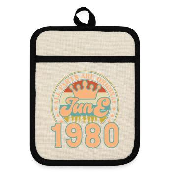 Juni 1980. Juni 1980 Geburtstagsgeschenk. Juni - Topflappen mit Gummirückseite - Leinen/Schwarz  - Vorne