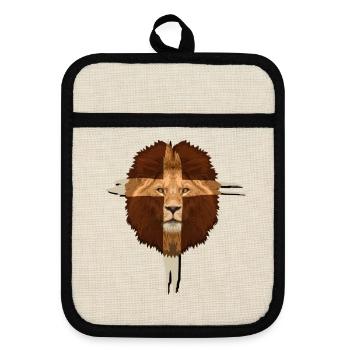 Lion Cross Christian Gift - Pot holders with rubber back - linen/black  - Front