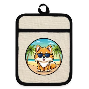 Pomeranian German Spitz Dog Breed Cartoon Beach - Pot holders with rubber back - linen/black  - Front