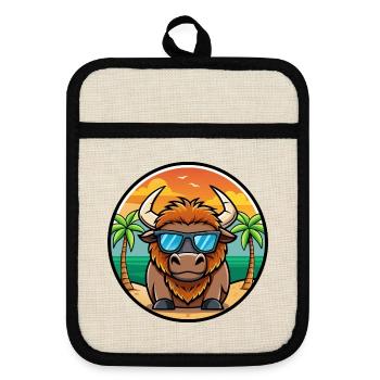Bison Lustige Cartoon Sommer Strand Sonnenbrille Cool - Topflappen mit Gummirückseite - Leinen/Schwarz  - Vorne