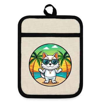 Japanese Bobtail Cat Breed Cartoon Sunglass Beach - Pot holders with rubber back - linen/black  - Front