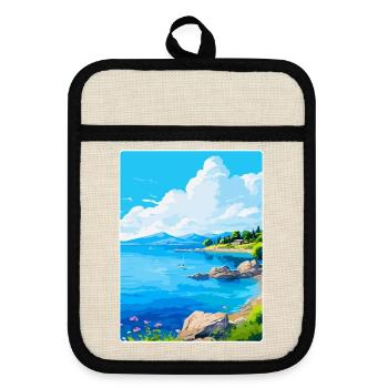 Affiche de voyage vintage de l’île de Meganisi en Grèce WPA - Maniques avec dos en caoutchouc - lin/noir  - Devant