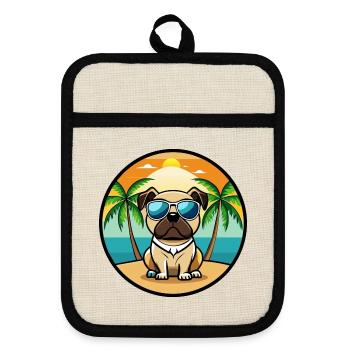 Mops Hund Lustig Cartoon Sommer Strand Sonnenbrille Cool - Topflappen mit Gummirückseite - Leinen/Schwarz  - Vorne