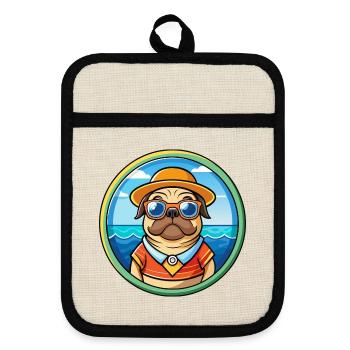 Mops Hund Lustig Cartoon Sommer Strand Sonnenbrille Cool - Topflappen mit Gummirückseite - Leinen/Schwarz  - Vorne