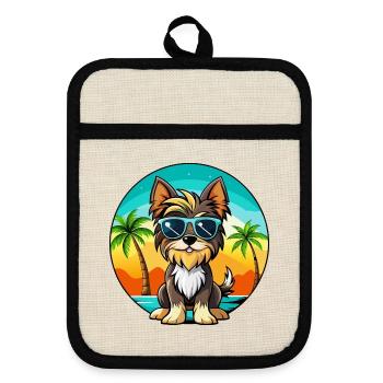 Biewer Terrier Hund Rasse Cartoon Sonnenbrille Strand - Topflappen mit Gummirückseite - Leinen/Schwarz  - Vorne