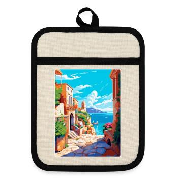 Rhodes Greece Vintage Travel Poster WPA Souvenir - Pot holders with rubber back - linen/black  - Front