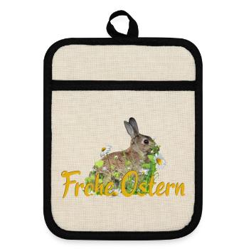 Frohe Ostern Osterhase - Topflappen mit Gummirückseite - Leinen/Schwarz  - Vorne