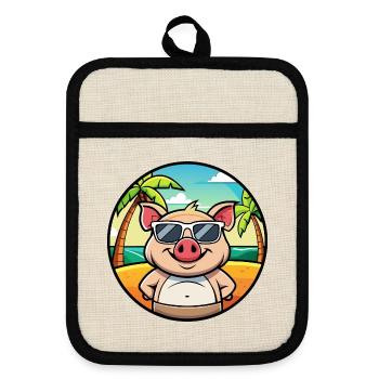 Schwein lustige Cartoon Sommer Strand Sonnenbrille Aufkleber - Topflappen mit Gummirückseite - Leinen/Schwarz  - Vorne