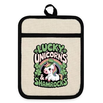 Lucky Unicorns & Shamrocks - Pot holders with rubber back - linen/black  - Front