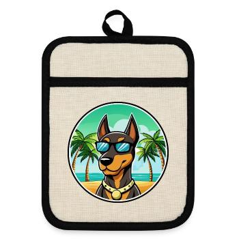 Doberman Pinscher Dog Breed Cartoon Sunglass Beach - Pot holders with rubber back - linen/black  - Front