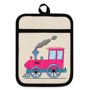 Children's train railway pink - Pot holders with rubber back - linen/black  - Front