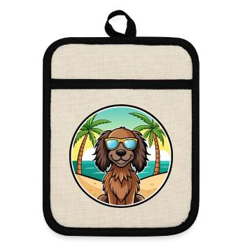 German Longhaired Pointer Dog Breed Cartoon Beach - Pot holders with rubber back - linen/black  - Front