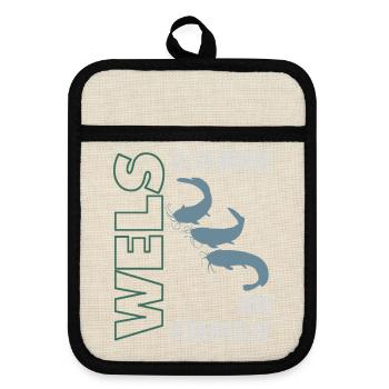 Wels angeln Waller fischen Sportfischen auf Wels - Topflappen mit Gummirückseite - Leinen/Schwarz  - Vorne