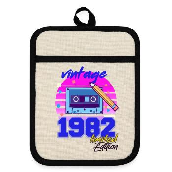 Vintage 40th Birthday 40 Years 1982 Pop Cassette - Pot holders with rubber back - linen/black  - Front