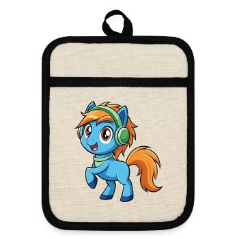 Pony Lustige Zeichentrickfigur Kopfhörer Musik - Topflappen mit Gummirückseite - Leinen/Schwarz  - Vorne