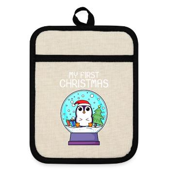 My first Christmas Baby Pinguin Weihnachten - Topflappen mit Gummirückseite - Leinen/Schwarz  - Vorne