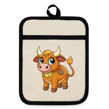 Taureau mignon mascotte personnage de dessin animé Kawaii - Maniques avec dos en caoutchouc - lin/noir  - Devant