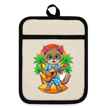 Lustige Katze Cartoon Sommer Strand Sonnenbrille Gitarre - Topflappen mit Gummirückseite - Leinen/Schwarz  - Vorne
