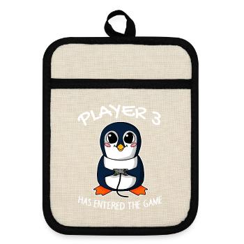 Third child player 3 Pregnant baby penguin - Pot holders with rubber back - linen/black  - Front