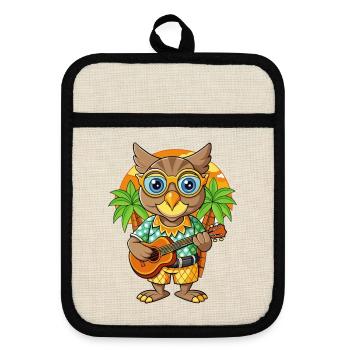 Lustige Eule Cartoon Sommer Strand Sonnenbrille Gitarre - Topflappen mit Gummirückseite - Leinen/Schwarz  - Vorne