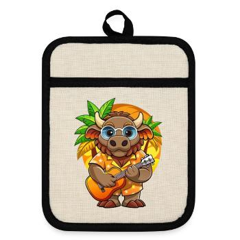 Lustige Bison Cartoon Sommer Strand Sonnenbrille Gitarre - Topflappen mit Gummirückseite - Leinen/Schwarz  - Vorne