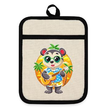 Lustige Panda Cartoon Sommer Strand Sonnenbrille Gitarre - Topflappen mit Gummirückseite - Leinen/Schwarz  - Vorne