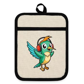 Kolibri Lustige Cartoon Tier Kopfhörer Musik - Topflappen mit Gummirückseite - Leinen/Schwarz  - Vorne