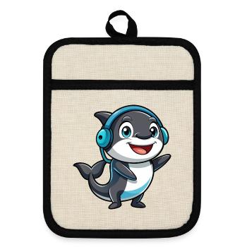 Orca Funny Cartoon Character Headphone Music - Pot holders with rubber back - linen/black  - Front