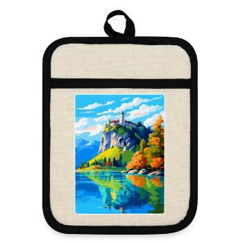 Château de Bled, Slovénie, Affiche de voyage vintage, WPA, Art - Maniques avec dos en caoutchouc - lin/noir  - Devant