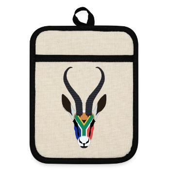 SPRINGBOK HEAD IN SOUTH AFRICAN COLOURS - Pot holders with rubber back - linen/black  - Front