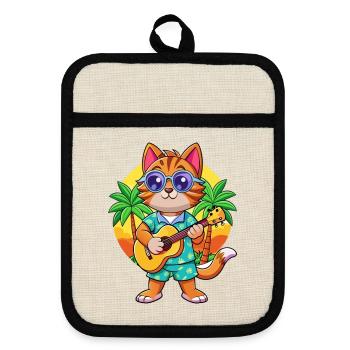 Lustige Katze Cartoon Sommer Strand Sonnenbrille Gitarre - Topflappen mit Gummirückseite - Leinen/Schwarz  - Vorne