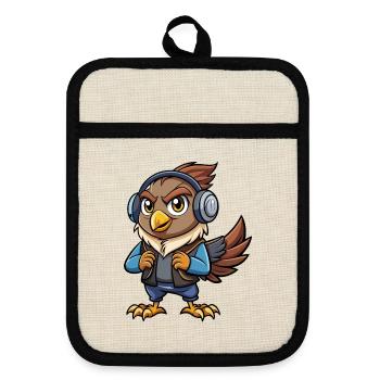 Hawk Funny Cartoon Character Headphone Music - Pot holders with rubber back - linen/black  - Front