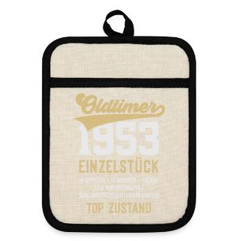 73. GEBURTSTAG OLDTIMER 1953 - Topflappen mit Gummirückseite - Leinen/Schwarz  - Vorne