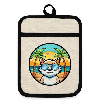 Katze Lustige Cartoon Sommer Strand Sonnenbrille Aufkleber - Topflappen mit Gummirückseite - Leinen/Schwarz  - Vorne