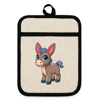 Esel Niedliche Maskottchen Zeichentrickfigur Kawaii - Topflappen mit Gummirückseite - Leinen/Schwarz  - Vorne