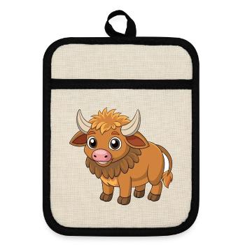 Büffel Niedliche Maskottchen Zeichentrickfigur Kawaii - Topflappen mit Gummirückseite - Leinen/Schwarz  - Vorne