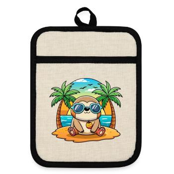 Sloth Funny Cartoon Summer Beach Sunglasses - Pot holders with rubber back - linen/black  - Front