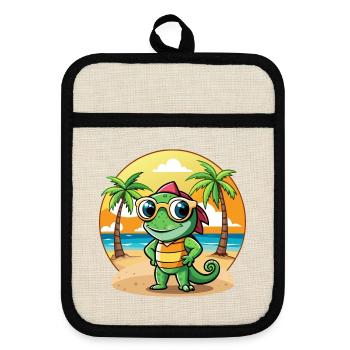 Chamäleon Lustige Cartoon Sommer Strand Sonnenbrille - Topflappen mit Gummirückseite - Leinen/Schwarz  - Vorne