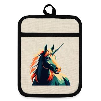 Einhorn Cartoon Figur Buntes Haustier Tier - Topflappen mit Gummirückseite - Leinen/Schwarz  - Vorne