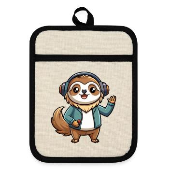 Sloth Funny Cartoon Character Headphone Music - Pot holders with rubber back - linen/black  - Front