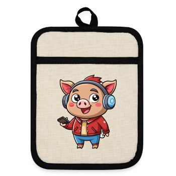 Cochon Drôle Dessin Animé Personnage Casque Musique - Maniques avec dos en caoutchouc - lin/noir  - Devant