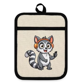 Lemur Lustige Zeichentrickfigur Kopfhörer Musik - Topflappen mit Gummirückseite - Leinen/Schwarz  - Vorne