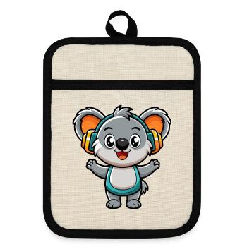 Koala Lustige Zeichentrickfigur Kopfhörer Musik - Topflappen mit Gummirückseite - Leinen/Schwarz  - Vorne