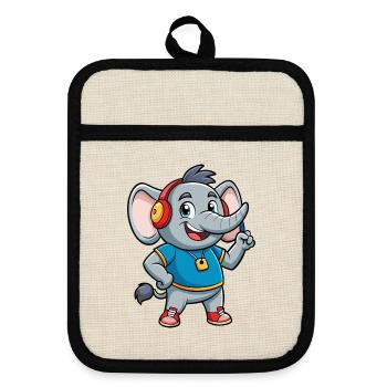 Elefant Lustige Zeichentrickfigur Kopfhörer Musik - Topflappen mit Gummirückseite - Leinen/Schwarz  - Vorne