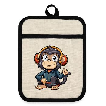 Schimpanse Lustige Cartoon Figur Kopfhörer Musik - Topflappen mit Gummirückseite - Leinen/Schwarz  - Vorne