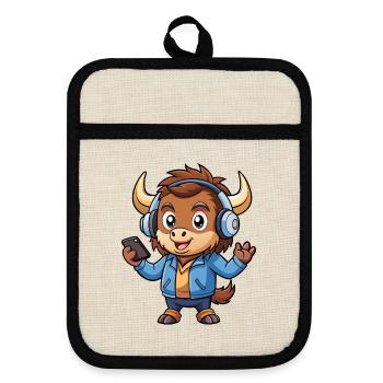 Buffalo Lustige Cartoon Figur Kopfhörer Musik - Topflappen mit Gummirückseite - Leinen/Schwarz  - Vorne