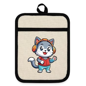 Katze Lustige Cartoon Figur Kopfhörer Musik - Topflappen mit Gummirückseite - Leinen/Schwarz  - Vorne