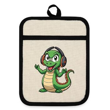 Anaconda Lustige Cartoon Figur Kopfhörer Musik - Topflappen mit Gummirückseite - Leinen/Schwarz  - Vorne